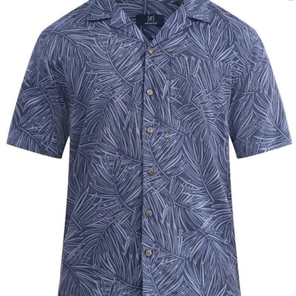 George Mens Blue Palm Leaf Print Short Sleeve Button Down Camp Shirt Large 42-44